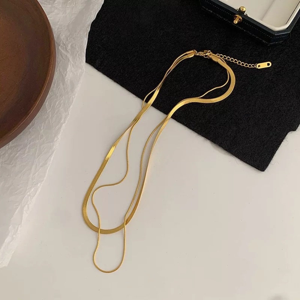 NEW 14K Gold Plated Double Layer Flat Herringbone & Thin Snake Chain Necklace